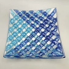 Square Blue Basket Weave Style Fused Art Glass Tray Trinket Dish Decorative