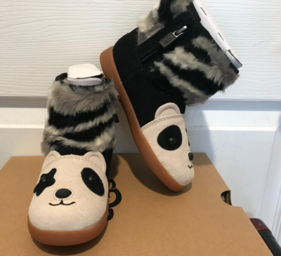 NEW AUTHENTIC UGG CHILD KIDS PANDA STUFFIE BEIGE BLACK SUEDE BOOTS