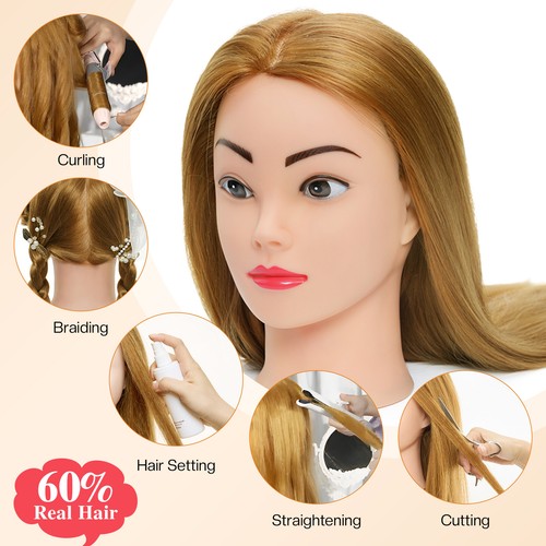24'' 60% Real Hair Training Head Salon Hairdressing Mannequin Doll w/ Braid Set - Picture 3 of 11
