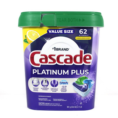Cascade Platinum Plus Dishwasher Pods, Action Pacs Dishwasher Lemon, 62 Count