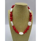 Vintage Chunky Red and White Costume Jewelry Beaded Necklace, 17"