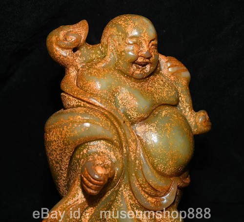 8.2" Chinese Old Jade Carving Stand Happy Laugh Maitreya Buddha Sculpture - Picture 6 of 15