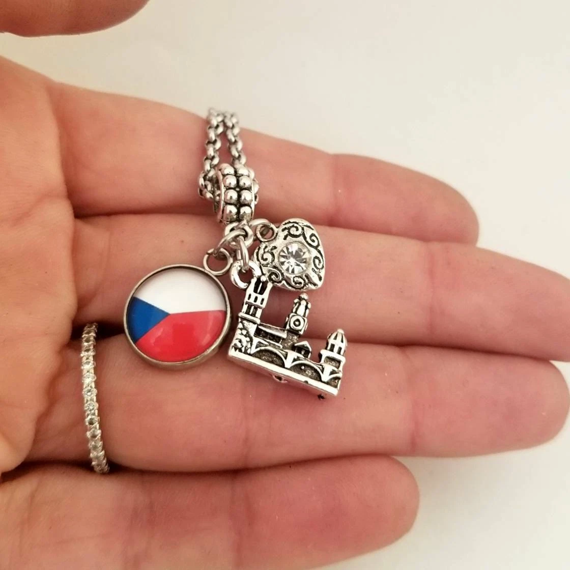 Prague Charles Bridge Czech republic Flag Landmark Charm Bracelet Necklace