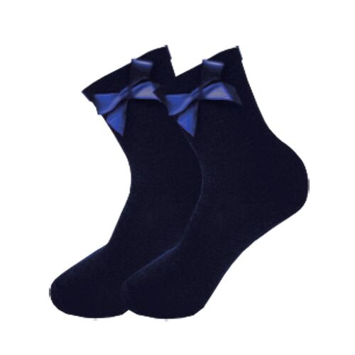 Girls Ankle Bow Socks Ribbon Lycra Cotton Rich School Black Grey Navy White - Picture 4 of 5
