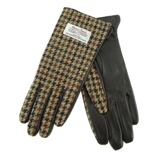 Scottish Ladies Authentic Harris Tweed Leather Gloves in Brown Dogtooth - Large