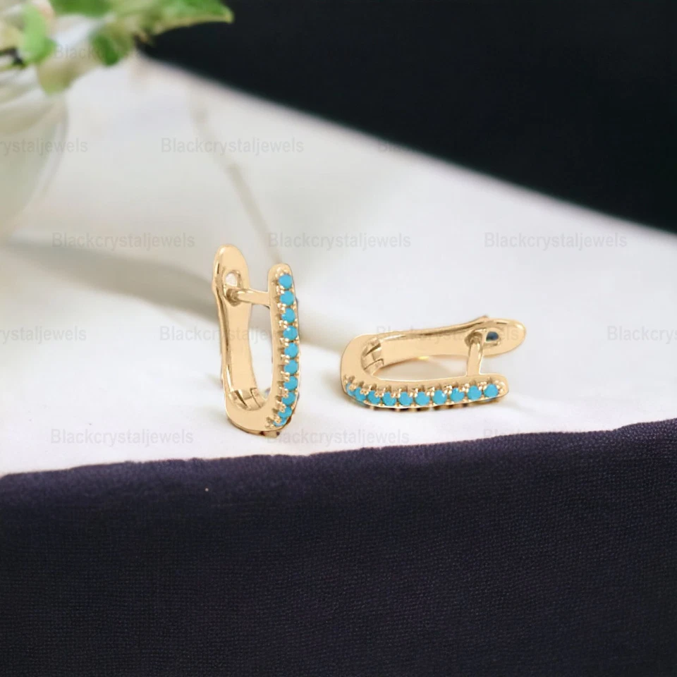 14k Gold Plated Synthetic Turquoise Fishbone Detachable Charm Hoop Earrings - Image 3 of 4