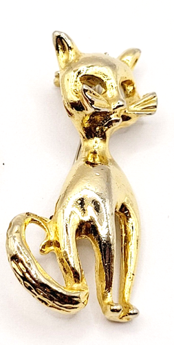 Retro Kitty Cat Kitten MCM Gold Tone Feline Open Metal Eye Curve Tail Brooch Pin - Picture 5 of 14