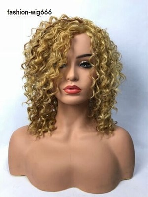 Medium Kinky Curly Hightlight Golden Blond Afro Synthetic Hair Wigs Women Natura