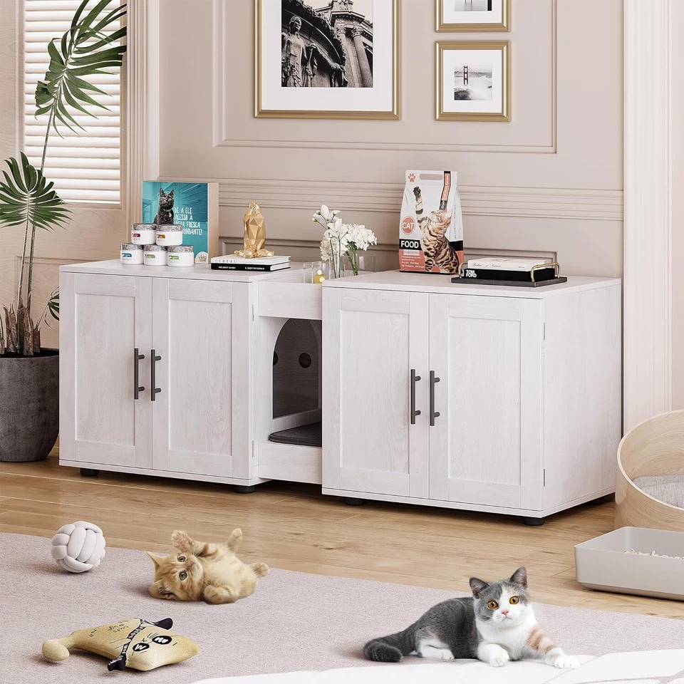 White Hidden Litter Box Enclosure Furniture with Double Cage Cat House for 2 Cat