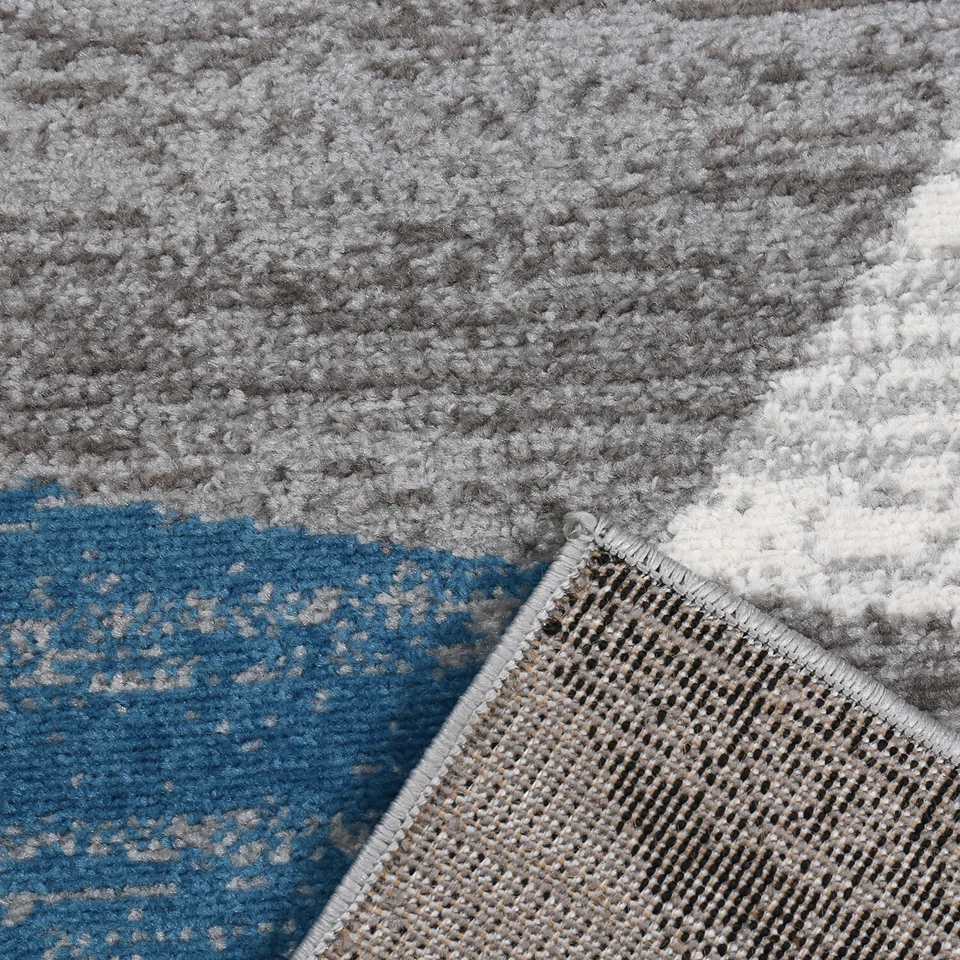 Tapis Géométrique Gris Blanc Noir Bleu Moucheté - Photo 3/4