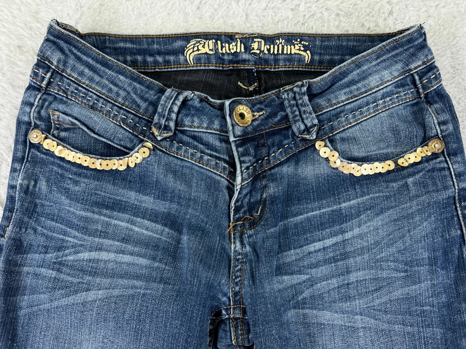 Pantalones de mezclilla Clash para mujer 5 azules tiro bajo ajustados mezcla de algodón brillantes 26x30 Foto 4 de 4