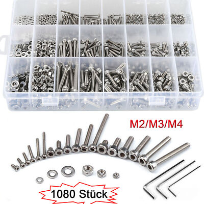 1080pcs Set Sechskant Schrauben & Muttern Edelstahl Maschinenschrauben Sortiment