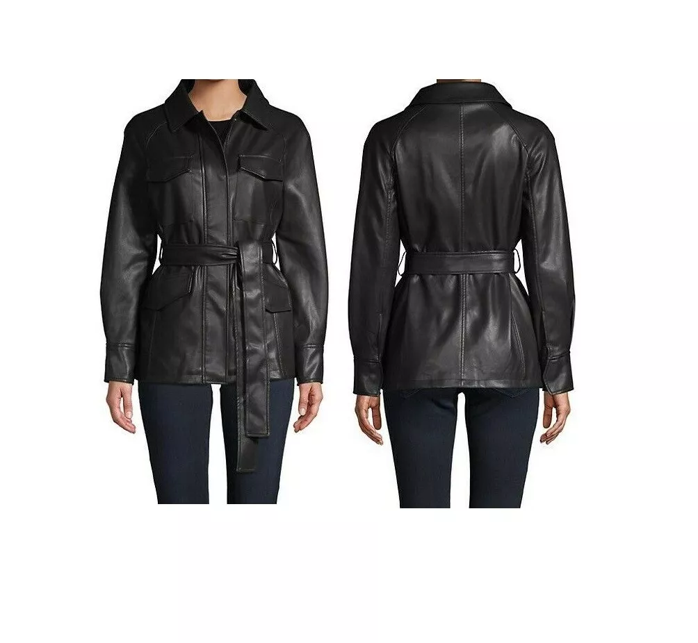 NEW S Womens Jacket Bagatelle NYC Faux Leather Utility Black belted 4 POCKETS