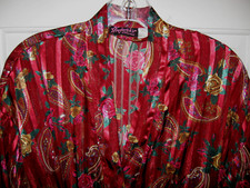 Frederick's Of Hollywood Robe SZ M Dark Red Gold Paisley Sheer Stripes Sparkle