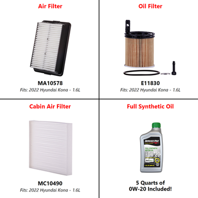 2022 Hyundai Kona 1.6L Complete Oil, Air & Cabin Filter Kit (0W-20