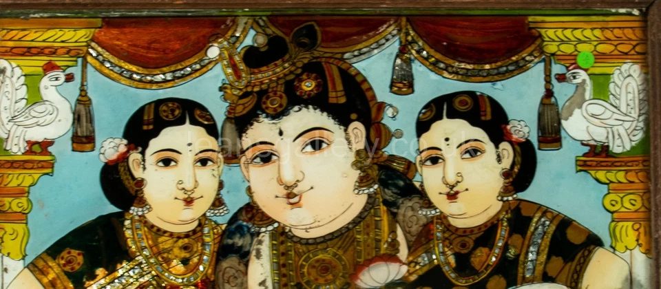 Glass Painting,  Reverse, of Lord Krishna, with Consorts Rukmini and Satyabhama - Image 4 of 4