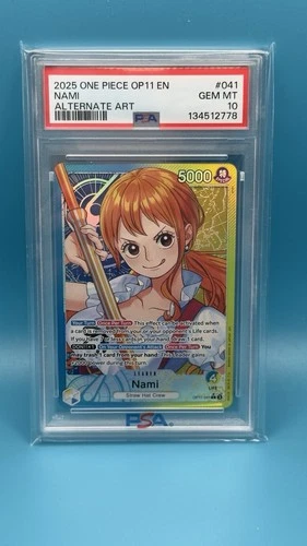 One Piece 2025 OP11-A Fist of Divine Speed Alternate Art #041 Nami, PSA 10
