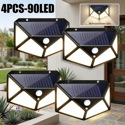 4 Pack Solar Outdoor Wall Lights, PIR Motion Sensor IP65,3000lm, 1500mAh,90LED