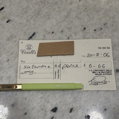 Terry Pratchett signed bank check Cheque 6.66 Good Omen Author Coutts Rare