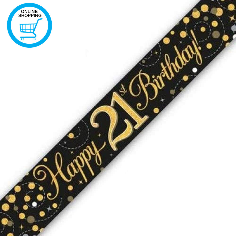 9Ft Banner Sparkling Fizz 21St Birthday Black & Gold Holographic