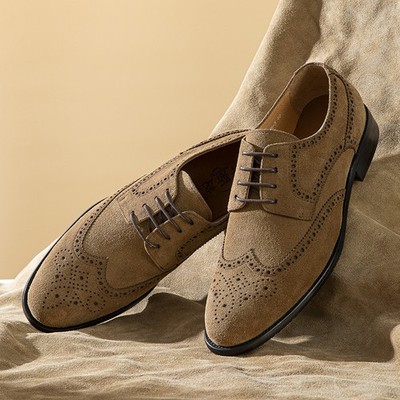 British Men Lace Up Formal Dress Carved Wing Tip Real Suede Leather Brogue Shoes