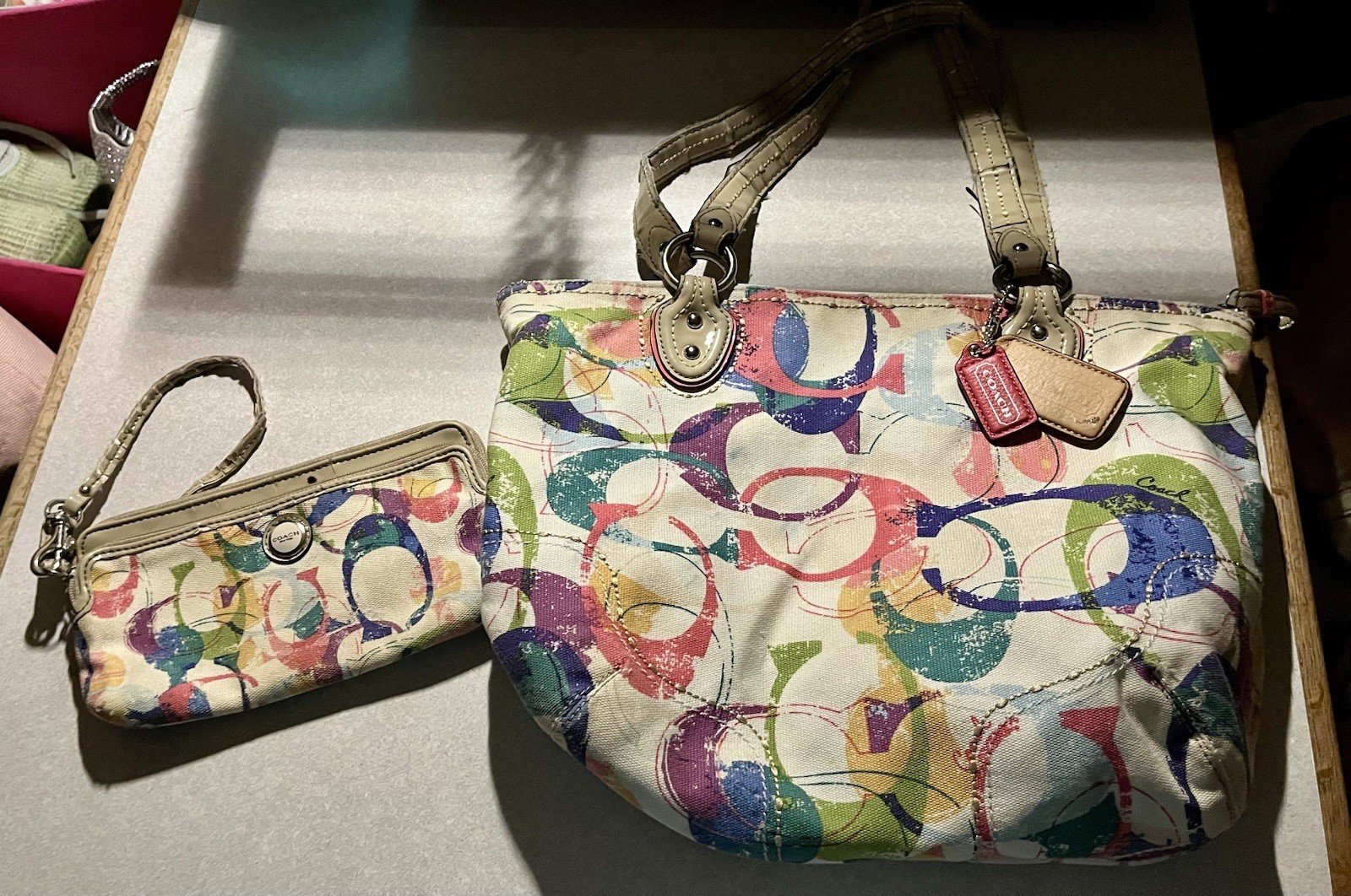 Coach Signature Logo Print Medium Tote Zip w/ Wristlet, Red Lining