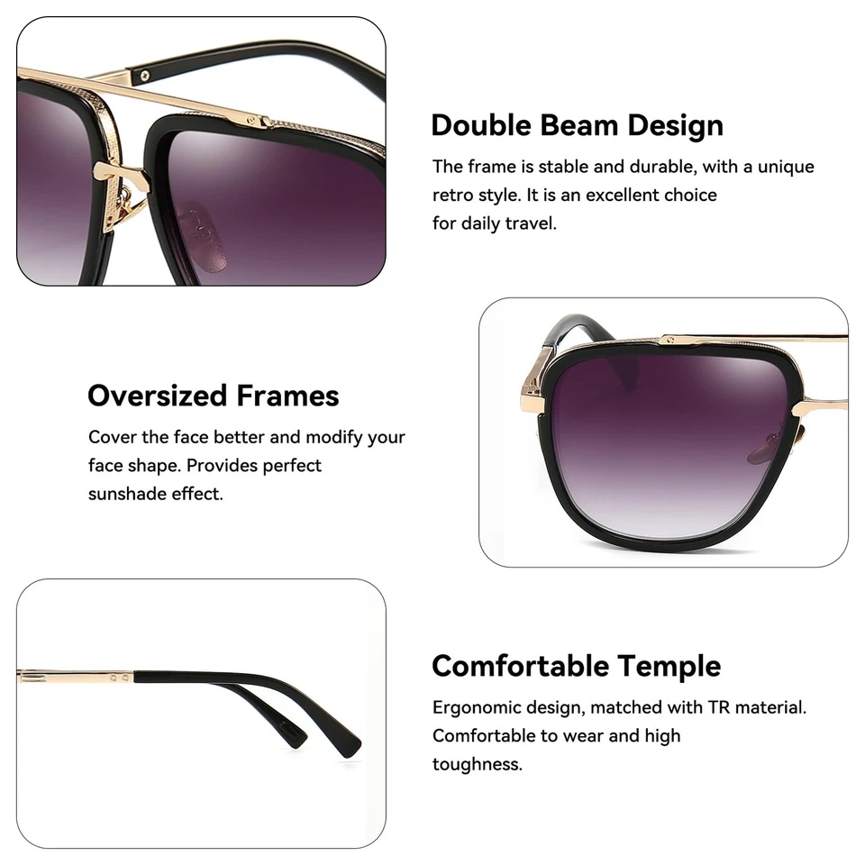 Gafas de sol de aviador cuadradas de gran tamaño para hombre sombras marco dorado gafas de sol retro Foto 4 de 4