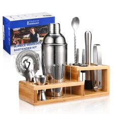 14-Piece Bartender Kit Silver Cocktail Shaker Set with Stand - Barware Tools