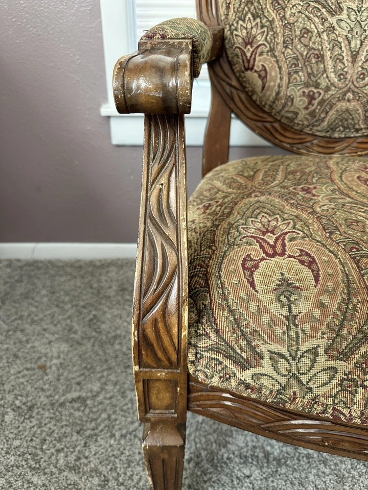 Vintage Carved Walnut Louis XV French Armchair Cut Silk Velvet Upholstery - Image 2 of 4