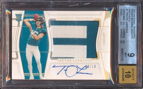 2021 NATIONAL TREASURES TREVOR LAWRENCE GOLD RPS PATCH JERSEY AUTO /10 BGS 9!
