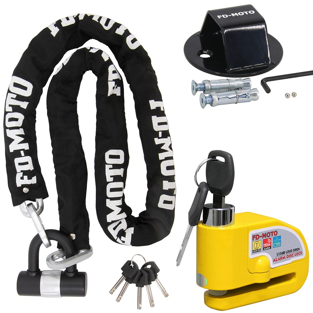 FD-MOTO 1.8M*10MM Motorbike Chain Lock Brake Disc Lock Alarm & Ground Anchor