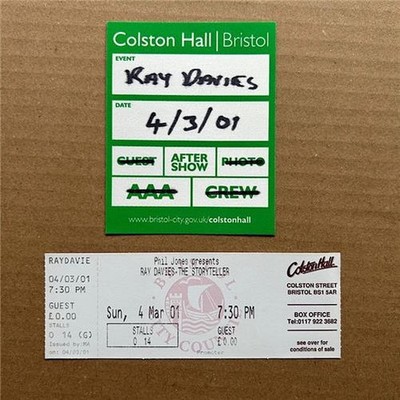 RAY DAVIES BRISTOL COLSTON HALL TICKET - MARCH 4 2001 + AFTER SHOW PASS (KINKS)