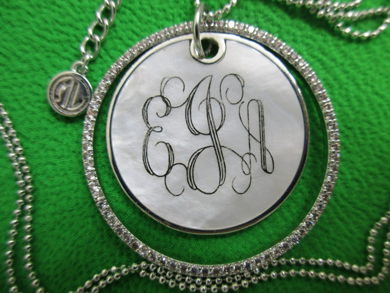 Signed ML Monogram Two Circle MOP/Crystals Pendan… - image 11