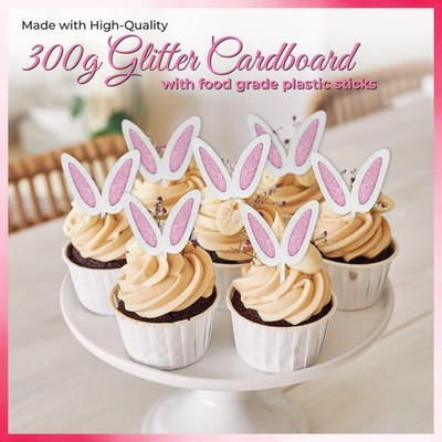 24 Pack Bunny Ear Cupcake Toppers, Glitter Rabbit Ears Cupcake Picks, Cake Toppe