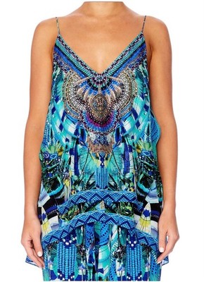 Camilla Amazon Azure Size Large Multi Layer Neck Top Blue Green 
