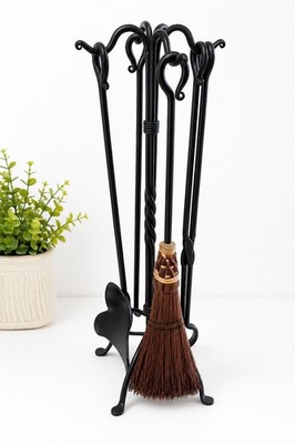 Ozark Cabin Decor Hand Forged Wrought Iron Fireplace Tool Set 5pc Shepherds Hook