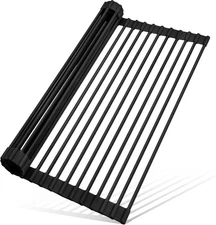 Black, 17.5" x 13", Roll Up Dish Drying Rack Silicone Wrapped Over The Sink