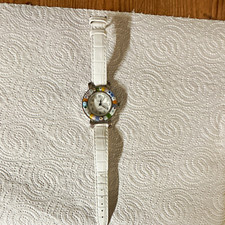 Muranoglas Damen Armbanduhr analog rund weißes Lederarmband silber Gehäuse