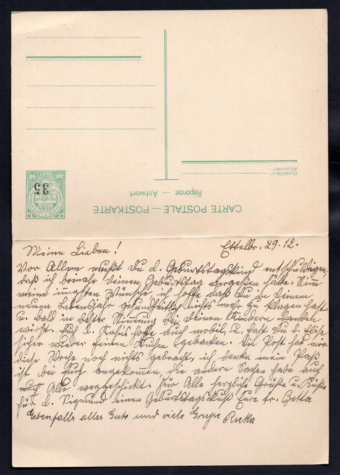 LUXEMBOURG 1939 Re-Valued Postal Card with Reply to Belgium - Image 3 of 3