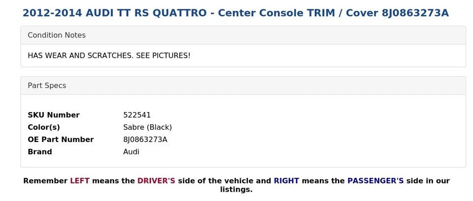 AUDI TT RS QUATTRO 2012-2014 - consola central TRIM/cubierta 8J0863273A Foto 3 de 4