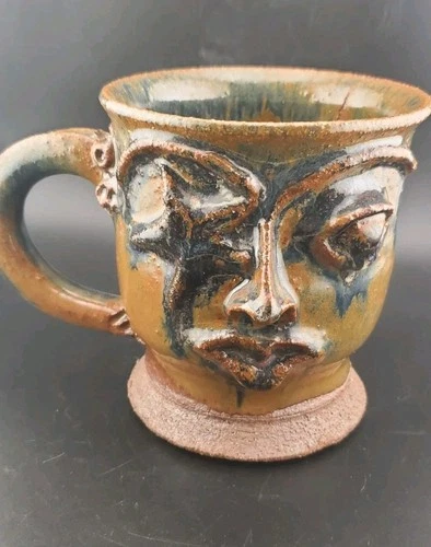 Vintage Artist Made Coffee Mug Ugly Face Blue Brown Glazed Folk Pottery Signed
