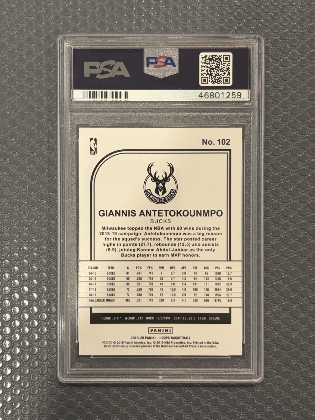Giannis Antetokounmpo 2019 Panini Hoops BLACK 1/1 PSA 9 MINT Bucks True 1 OF 1 view 2
