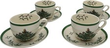 Spode Christmas Tree Cups and Saucers England VTG Set of 4