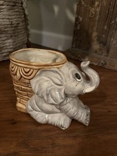 Vintage Ceramic Elephant Planter  Glazed 5&rdquo; Tall Trunk Up Lucky