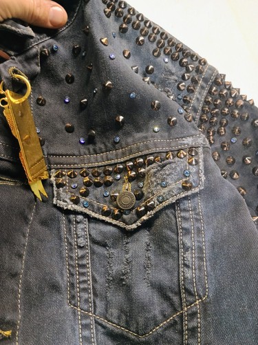 Robins Jeans Mens XXL Denim Jacket Made In USA Distressed Studded Embroidered - Picture 4 of 10
