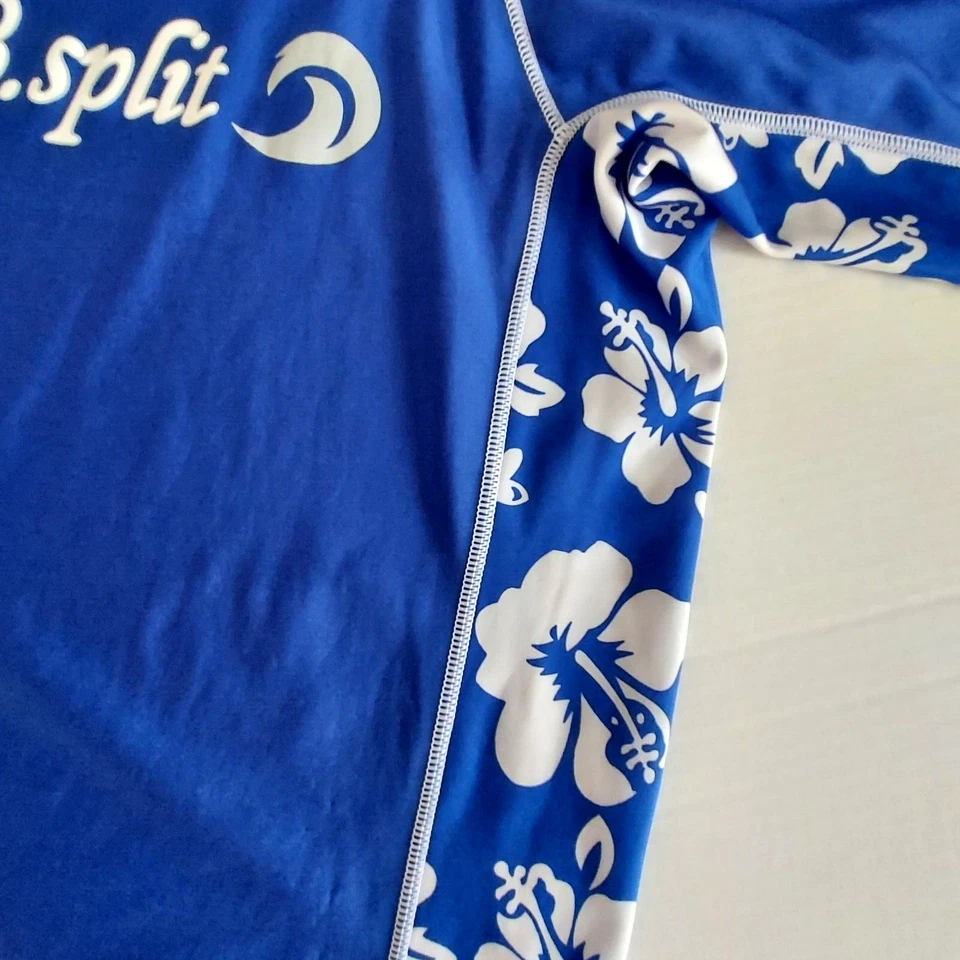 B Split Swim Shirt Blue White Flora Plumeria No Tag Measures Size S Mock Turtle - Image 4 of 4