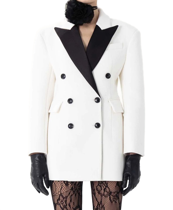 Blazer Womens  Large Black Bone White Couture Tuxedo Shawl Lapel  Catwalk jacket-image