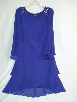 Tiered Chiffon Dress Size 10 Bead Embellished Blue Lightweight Long Sleeve  | eBay