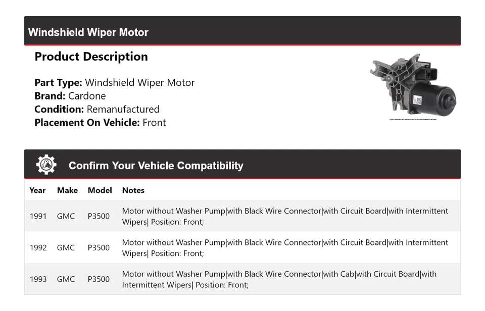 For 1991-1993 GMC P3500 Windshield Wiper Motor Front Cardone 1992 - Image 2 of 4