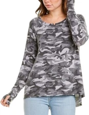 Michael Stars Brushed Camo Top Large Gray Black Hi Low Long Sleeve Pullover New